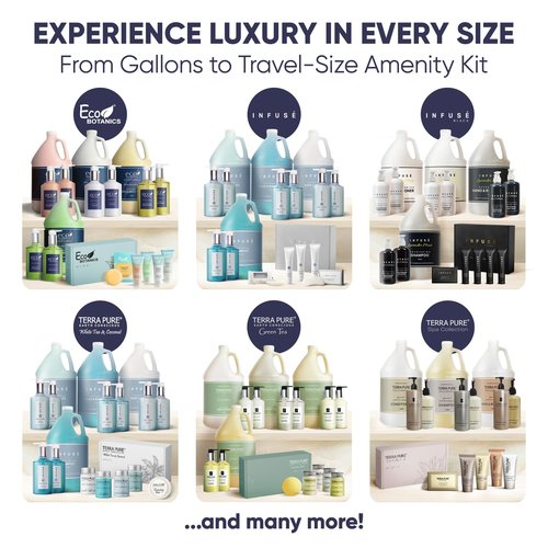 Terra Pure Spa Collection Amenity Kit | Hotel Bulk Toiletries | 0.85 oz Shampoo, Conditioner, Lotion, Body Wash, Massage Bar for Guest Hospitality Vacation Rentals | 15 Sets/Case