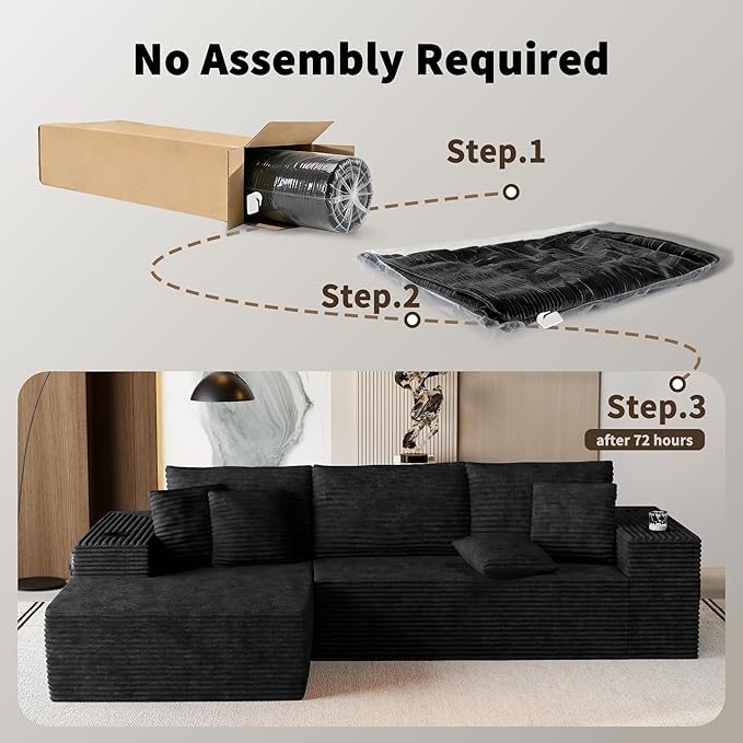 Cibert 104.3" Modular Sectional Sofa, Black Boneless Couch Left Chaise L Shaped Couch with USB Ports, 2 Cup Holders, 2 Side Storage Bags & Lint Remover, No Assembly Sectional Couches for Living Room