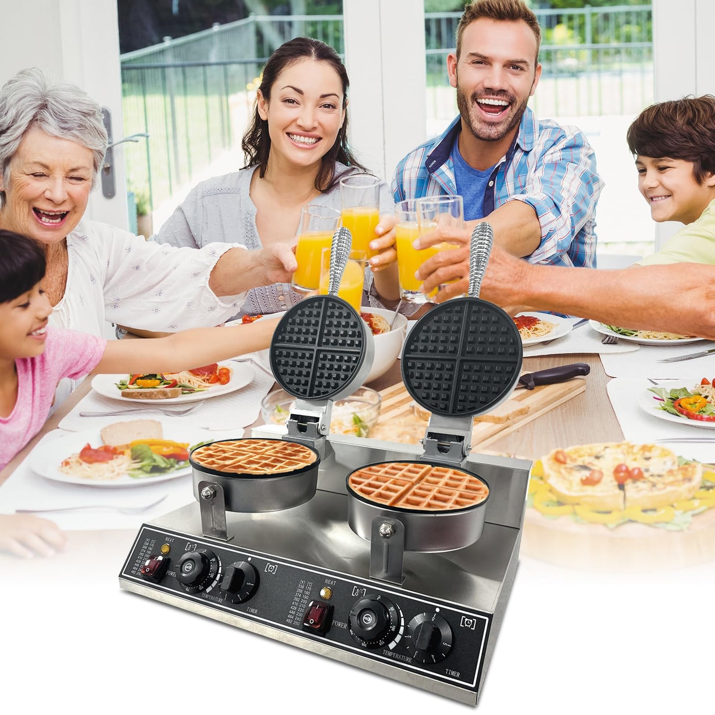 Double Head Commercial Waffle Maker, 2400W Stainless Steel Nonstick Waffle Iron with 122℉ to 572℉ Temp Range & Time Control, Perfect for Home Cafe Restaurant Snack Bar Bakeries
