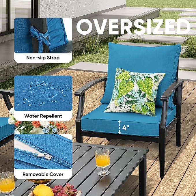 JOYURE 4 Pieces Patio Furniture Set w/loveseat,Coffe Table,Outdoor Conversation Metal Sofa with High Back and Thick Cushion,for Backyard,Garden,Peacock Blue