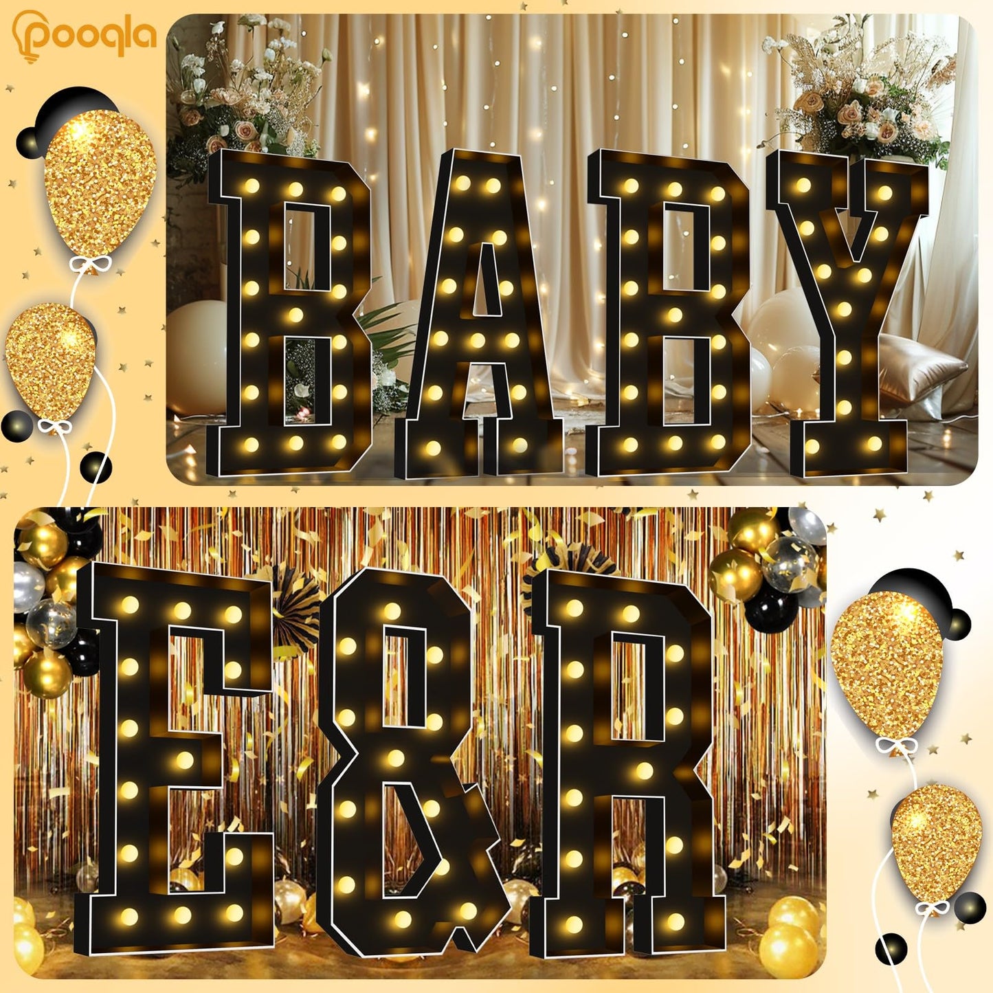Pooqla 4 FT Marquee Light Up Letters, Black Marquee Letter Lights 4 Feet Tall, Giant Mosaic Sign Big for Balloons Birthday Party Anniversary Wedding Decorations, Warm White Letter Q