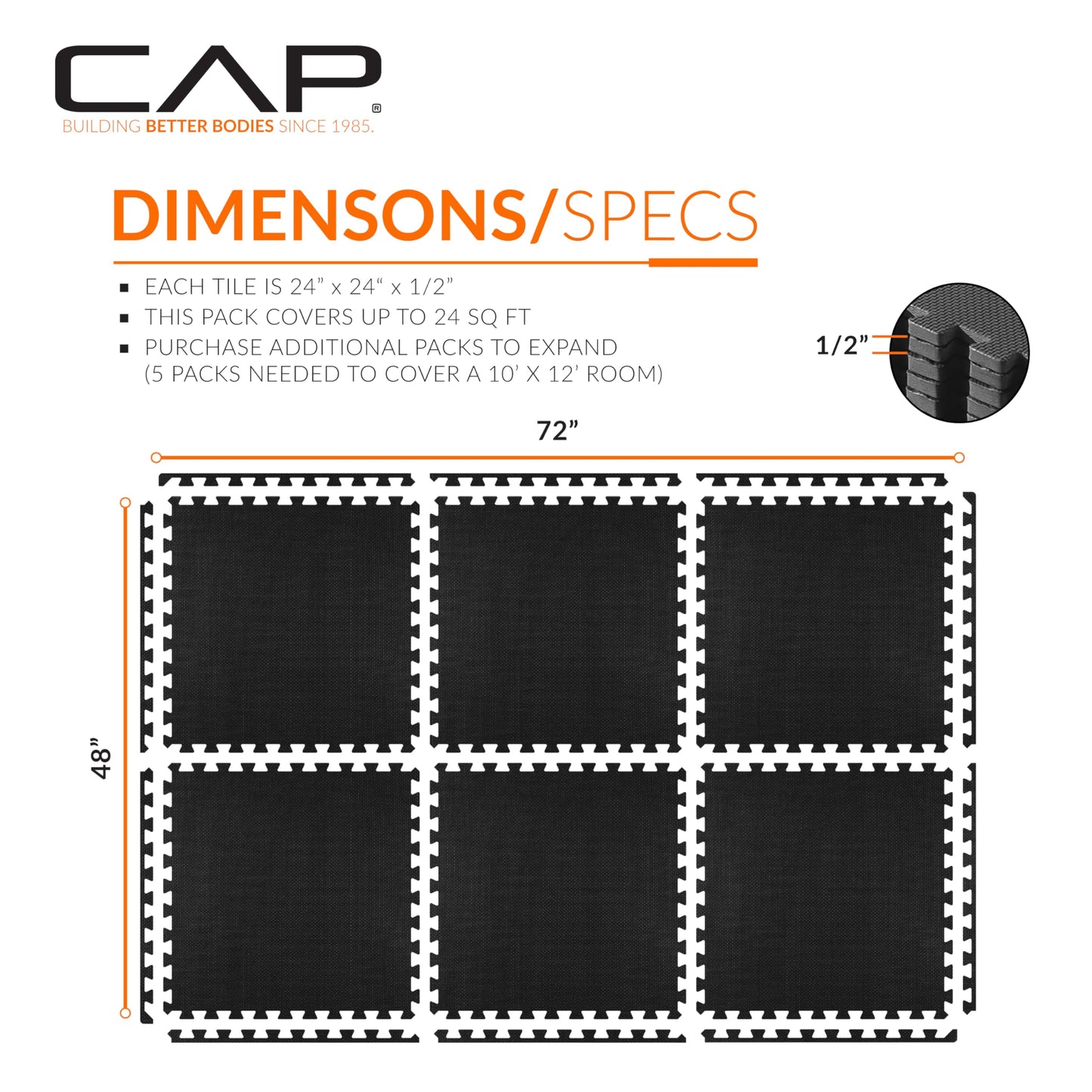 CAP Barbell 1/2-Inch Interlocking EVA Foam Exercise Puzzle Mat Home Gym Flooring - 1 Pack | 24" x 24" x 1/2" | T Pattern - Black