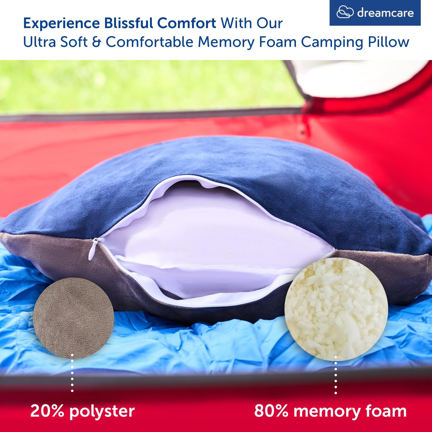 DREAMCARE Camping Pillow, Memory Foam Travel Pillow, Camping Accessories - Small Pillow Camping Essentials Camping Pillows for Sleeping, Backpacking Pillow, Travel Pillows for Sleeping (Medium,Blue)