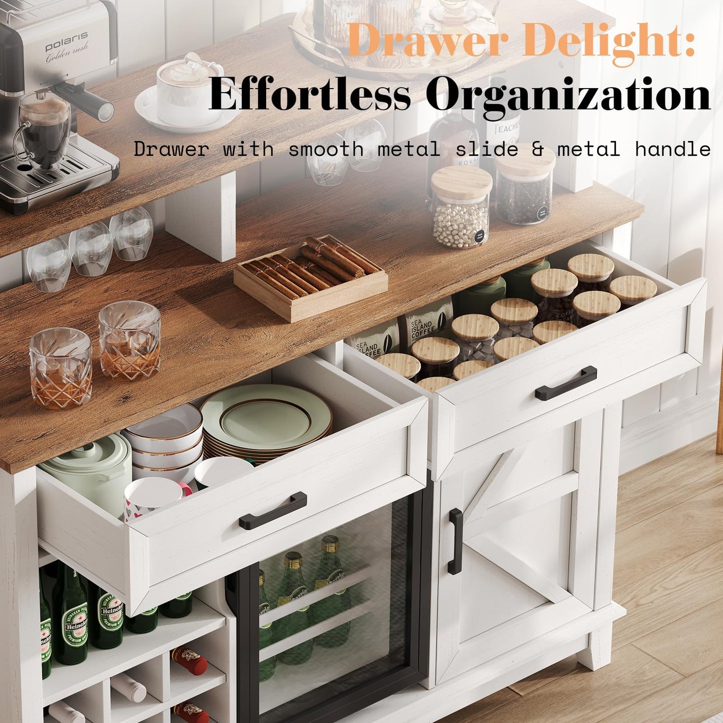 AMERLIFE 47" Farmhouse Coffee Bar Cabinet with 15" Refrigerator & Wine Rack & Glass Holder, Wine Cabinet with Storage Drawers & Open Shelves, Sideboard Buffet Cabinet for Dinging Room, Living Room