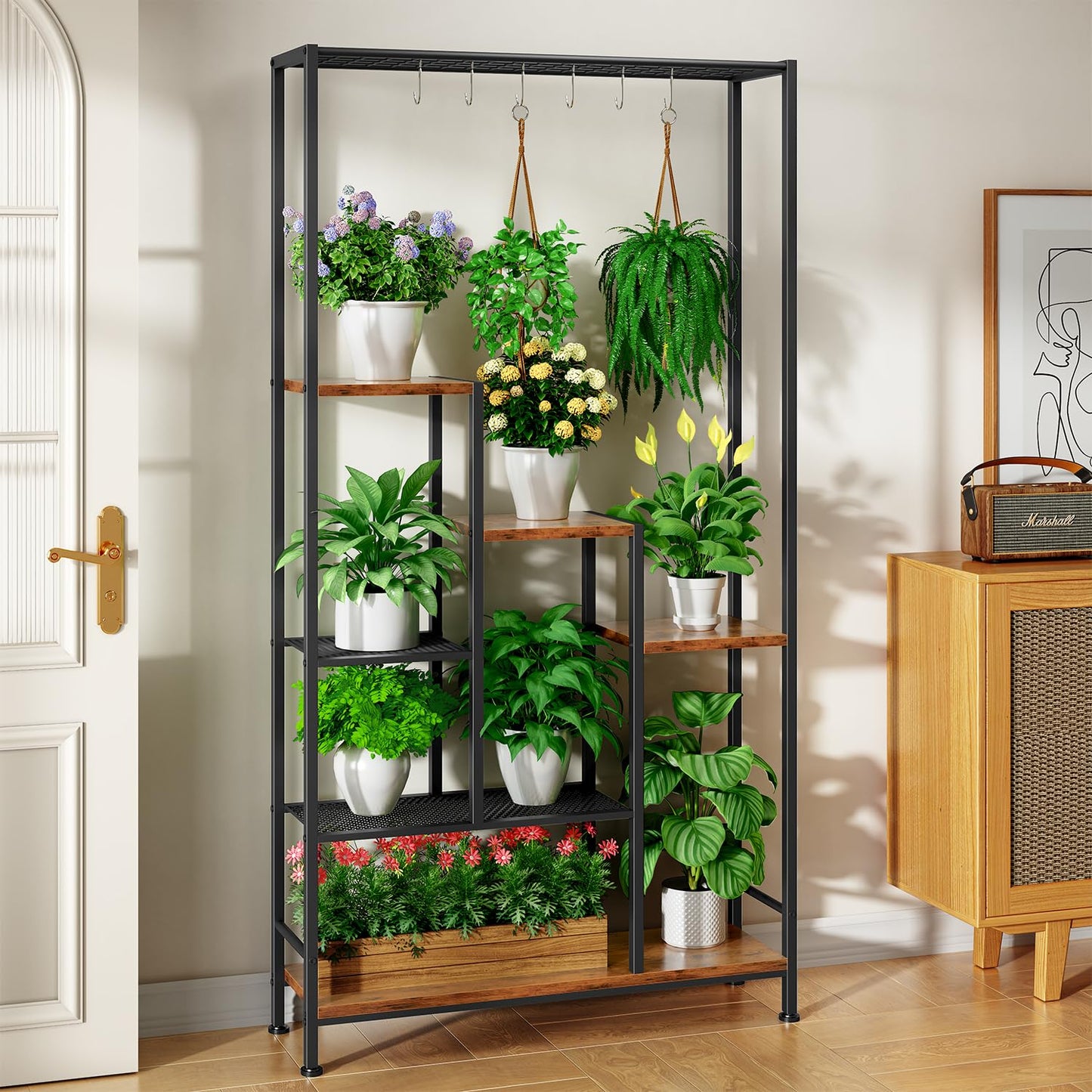 Plant Stand Indoor with Grow Lights - 7-Tier Metal Wooden Plant Shelf Indoor, 67.7" Tall Plant stand, Corner Plant Stand for Living Room, Balcony, Patio & Corner (Rustic Brown)