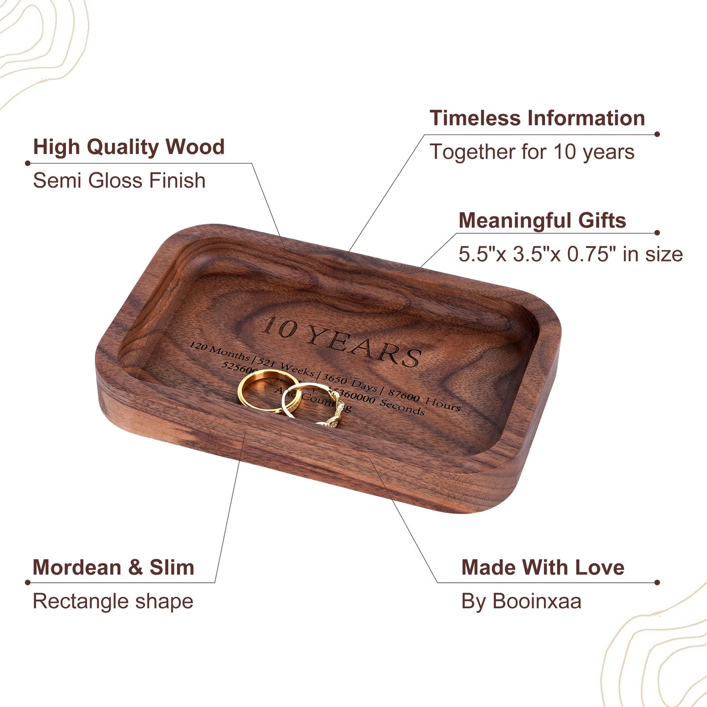 10 Years Anniversary Wood Tray Gifts for Him/Her, Wooden Engraved Ring Dish, Wood Trinket Dish for Wedding Anniversary, Birthday, Valentines Day Gifts for Husband, Wife - 5.5x3.5 Inch