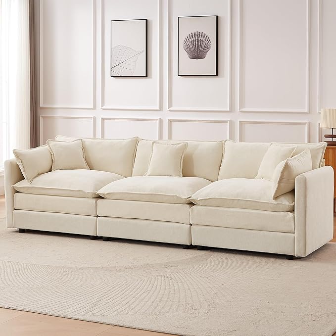 saows Modular Sectional Sofa, 112.2 Inch Rectangle Shaped Couch Set with Armrests, 3-Seater Comfy Cloud Couches for Living Room Apartment, Beige