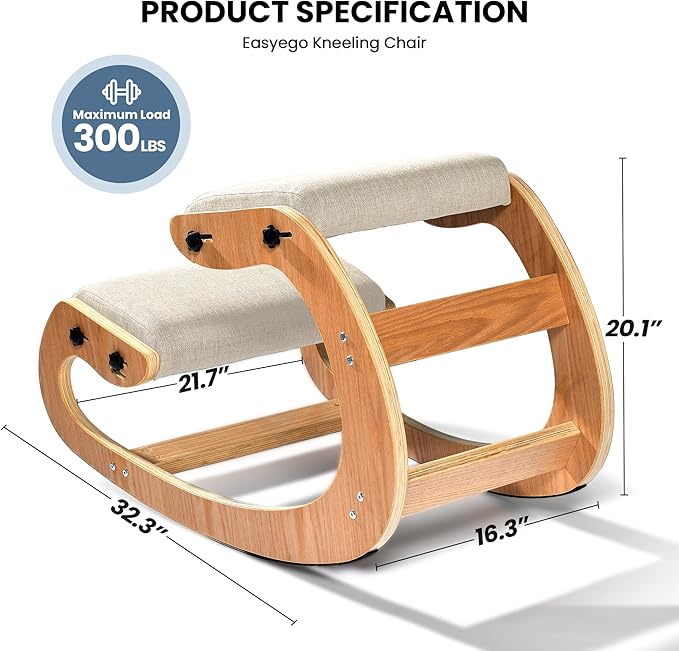 Easyego Kneeling Chair Ergonomic Posture Chair, Wood Adjustable Rocking Knee with Soft Padding, Natural Relief for Neck or Back Pain for Home Office, Max Load 300 lb - Beige