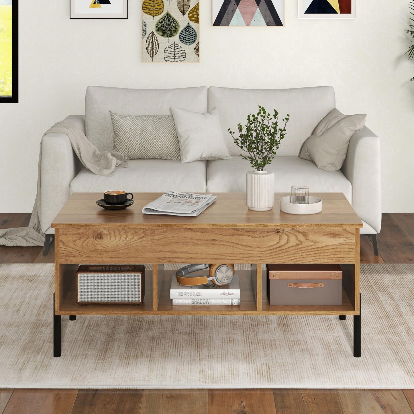 Tangkula Lift Top Coffee Table with Metal Legs, Rising Center Table w/Hidden Compartment & 3 Open Cubbies, Multifunctional Wood Dining Working Table for Living Room Reception Room (Natural)