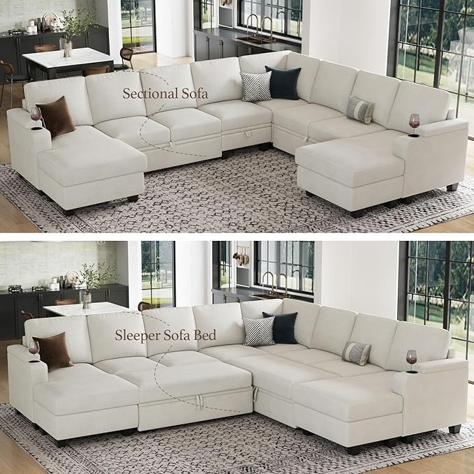 Belffin Oversized Sleeper Sofa U Shaped Modular Sectional Couch with Double Storage Chaise Convertible Sofa Bed. White Couch