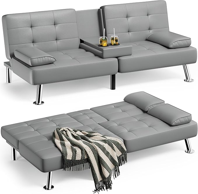 JUMMICO Faux Leather Futon Sofa Bed Futon Couch with Removable Armrests Adjustable Sleeper Sofa Bed with 2 Cup Holders for Living Room (PU Leather, Grey)