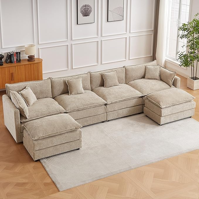 saows Modular Sectional Sofa, 147.2 Inch U Shaped Couch Set with Armrests, 4-Seater Comfy Cloud Couches with Movable Ottoman for Living Room Apartment, Coffee