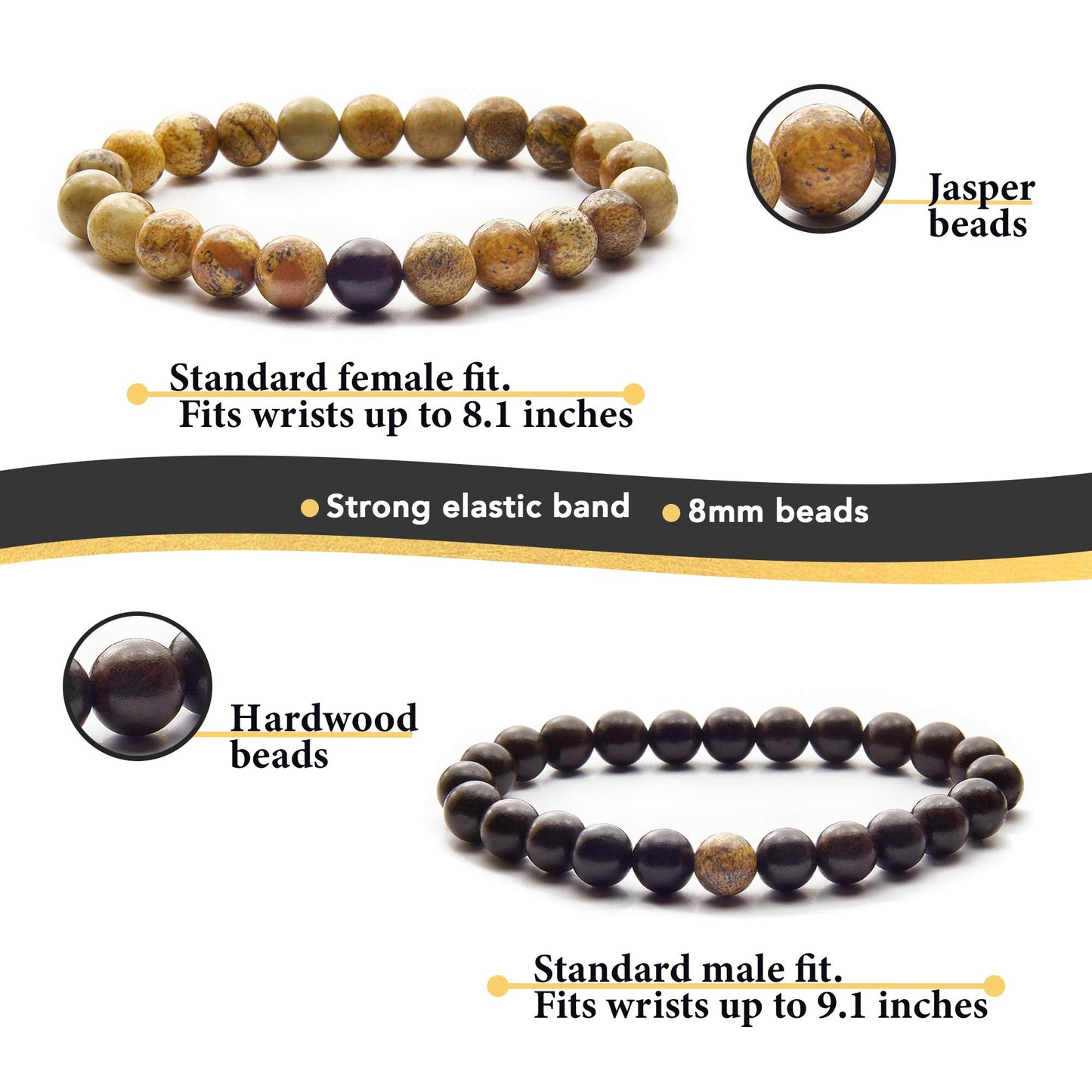 Anavego True Bond Matching Couples Bracelet Set with Storage Box. Wooden & Jasper 8 Millimeter Beaded. Unique 5 5th Year Marriage Wood Gifts for Him Her Boyfriend Girlfriend Husband Wife