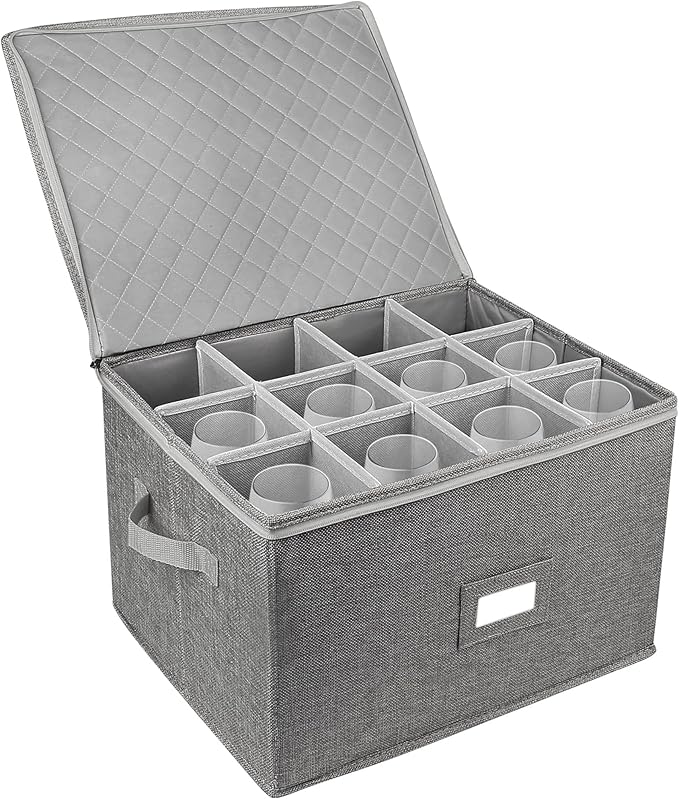 LotFancy Stemware Storage Container, Hard Shell, Stackable Wine Glass Storage Box with Dividers & Handles, Crystal Glasswa...