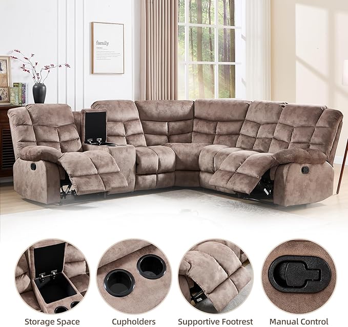 EBELLO Manual Reclining Sectional Sofa Set for Living Room, Soft Fabric Recliner Corner Sectional Couch with Center Console, Cup Holder and Storage, Brown