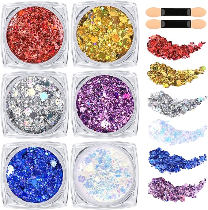 Teenitor Body Glitter Face Glitter Hair Glitter for Kids Women, 6 Colors Face, Body Hair Glitter Gel, Makeup Glitter for H...