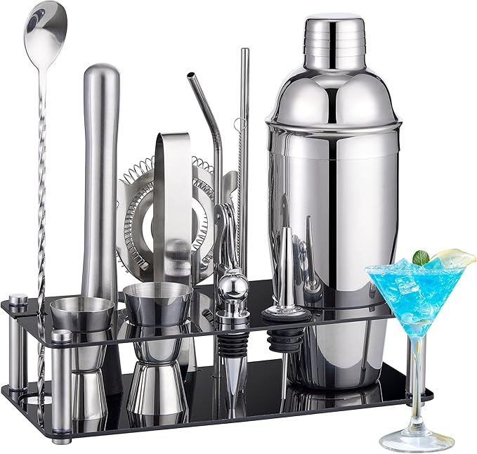 Cocktail Shaker Set Bartender Kit : 15-Piece Stainless Steel Bartender Kit with Acrylic Stand Bars Set with All Practical ...