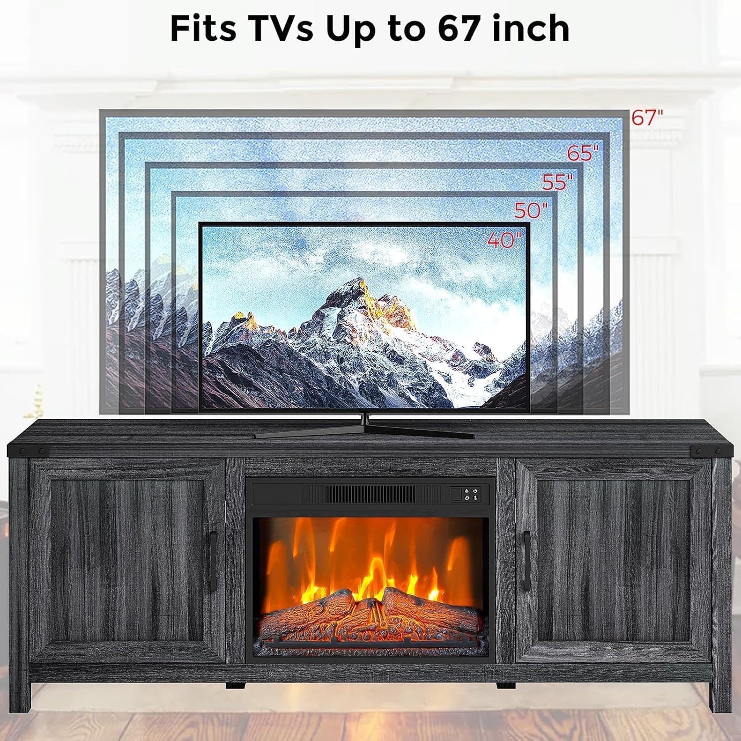 65 Inch TV Stand with Electric Fireplace, Entertainment Center with 23” Fireplace Insert, Remote Control, Adjustable Storage, Cable Management, Media Console for Living Room, Home Theater Furniture