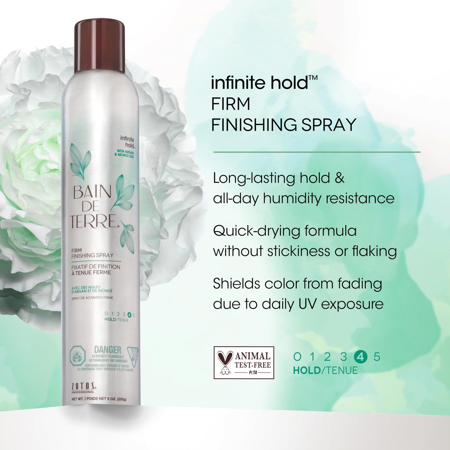 Bain de Terre Infinite Hold Firm Finishing Spray, Lasting Control & Shine, Heat & Humidity Protection with Argan & Monoi Oils, P