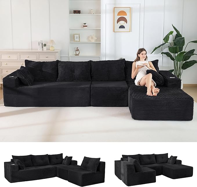 MAXYOYO 132" Oversize Modular Sectional Couch with L-Shape Chaise, Modern Boneless Couch for Living Room, Sofa in A Box, Oversized Sofa Sleeper with Deep Seat, No Assembly Required, Black