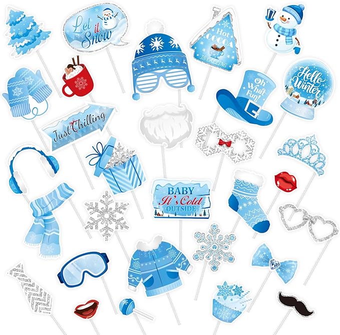 KALEFO 30Pcs Hello Winter Photo Booth Props Winter Wonderland Party Decorations Snowflake Photo Booth Props Kit Wedding Ho...