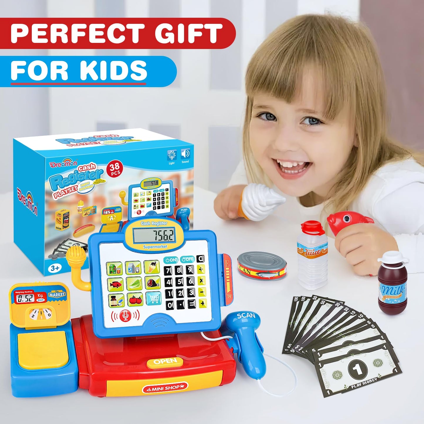 Cash Register Toy for Kids with Real Calculator, Cashier Register with Scanner/Weighter/Credit Card/ Play Money/ Food/Microphone, Pretend Play Store with Apron and Shopping Bag for Kids 3 4 5 6 7