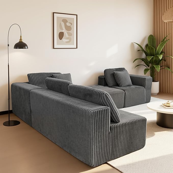 SEENYOO 132" U Shaped Modular Sofa, 4-Seater Sectional Cloud Couch with Chaise, Soft Corduroy Boneless for Living Room, No Assembly Required, Free Configuration,Grey