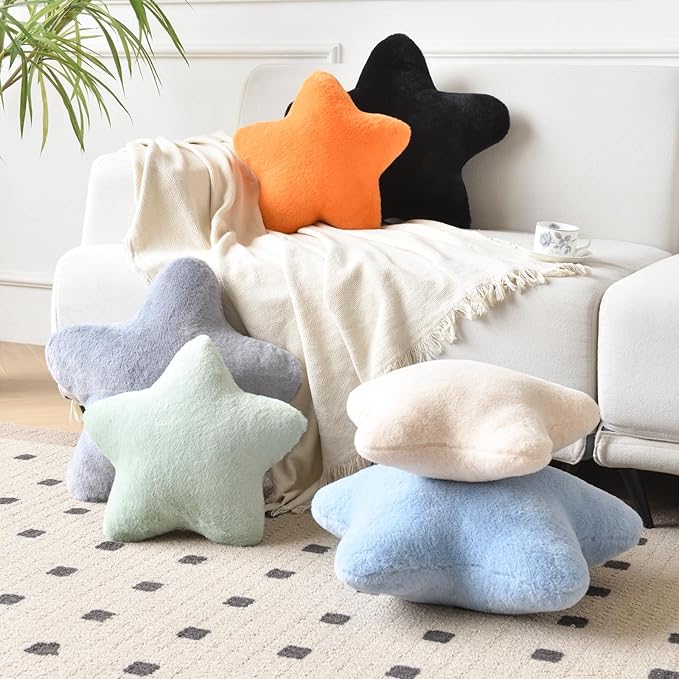 Xiashrk Star Pillow, Decorative Throw Pillows for Bed Couch, 15" Star Shaped Pillow Plush Floor Cushions Room Decor Pillow with Faux Rabbit Fur for Sofa Bedroom Living Room (Light Grey, 15" x 15")