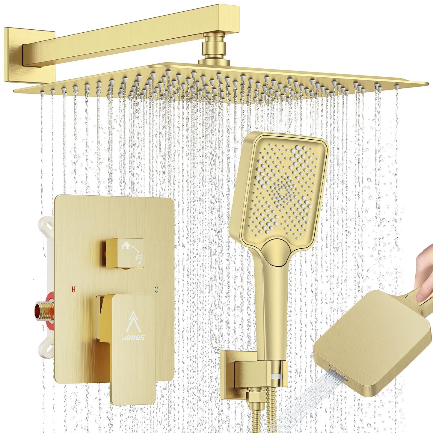 JQBQS Shower System Modern Rain Brass Faucet Set With Valve and Diverter Shower Mixer With Handheld High Pressure Square Rainfall Shower Valve (12'' Wall Mount, Brushed Gold)
