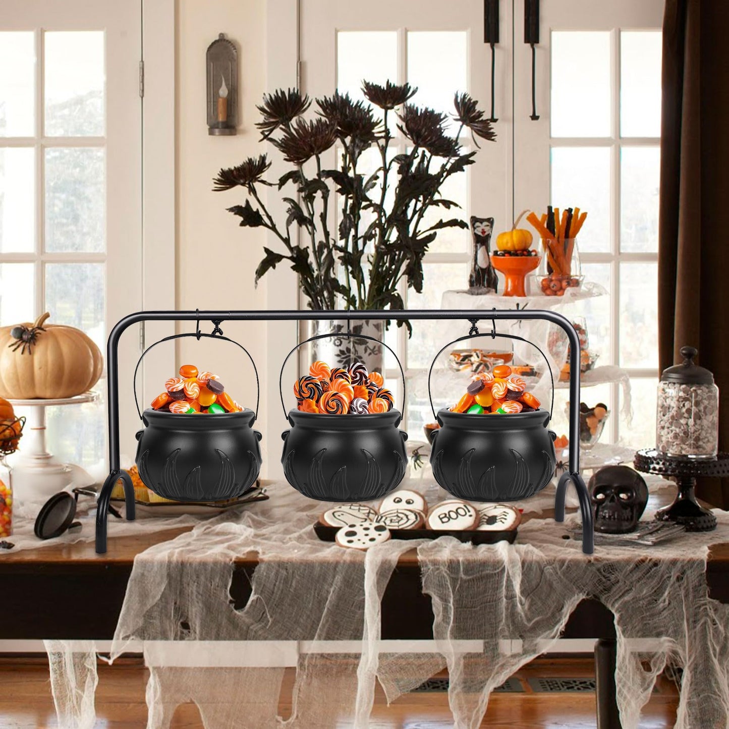 Zcaukya St. Patrick's Day Decorations, 3 Packs Plastic Witch Cauldrons Hanging On Iron Rack, Black Witch Pots Set with Stand Candy Holders for Haunted House Party Supplies Tabletop Decor