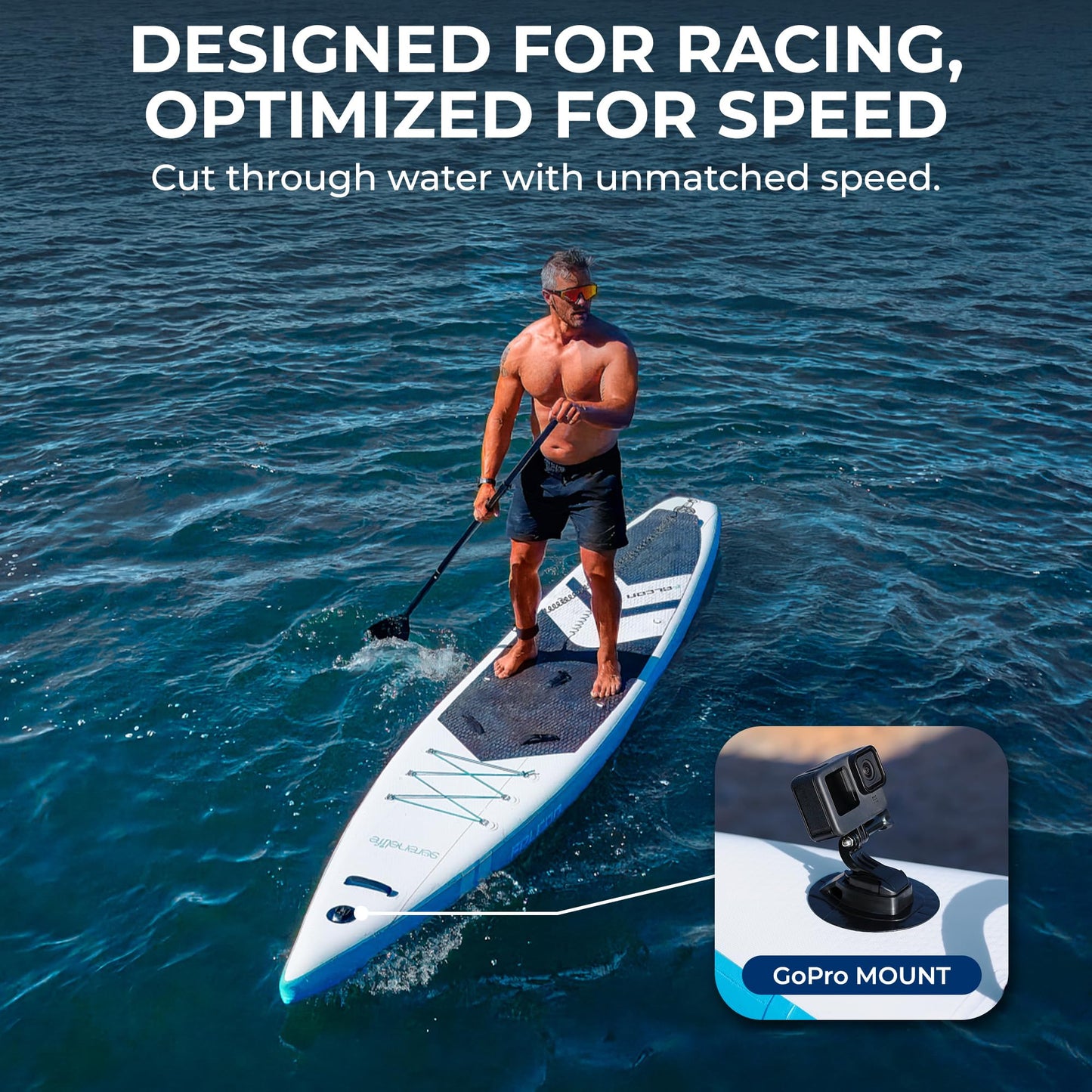 SereneLife 14’ Inflatable Stand Up Paddle Board for Racing - 28” Narrow Design for Expert Paddlers with Non-Slip EVA Deck Pad, Includes Premium SUP Accessories and GoPro Mount, for Youth and Adults