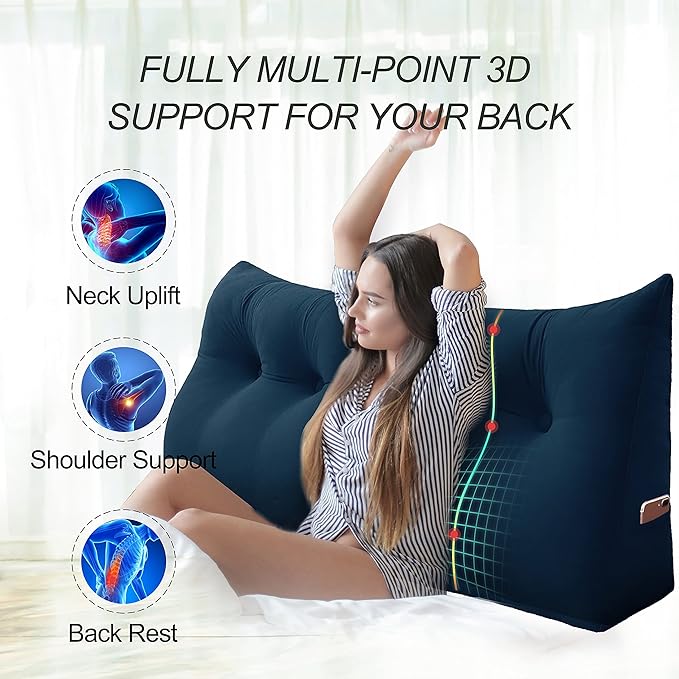 Wedge Headboard Pillow Dorm Room Reading Pillow Back Support for Sitting Up in Bed Bolster Lumbar Cushion Body Positioning Bedrest Velvet 59in Navy Blue Queen
