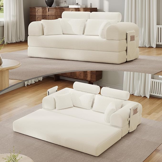 ZQRhome 2026 Upgrade Convertible Sofa Bed, 79 Inch Boneless Couch with Fixed-Shape Frame, Corduroy Fabric with High Backrest, Floor Sofa Modular Futon Couch for Living Room Bedroom Lounge (White) | High Backrest, No Assembly, Convertible Sofa, Space-Sa...