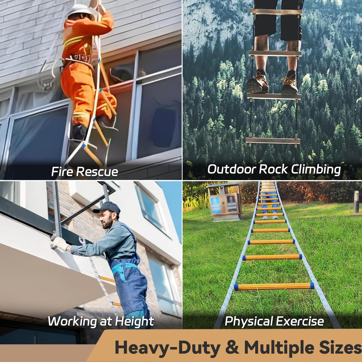 Emergency Fire Escape Rope Ladder 2 Story 8 FT Flame Resistant Safety Quick Ladder for Adults/Kids with 2 Spring Hooks, Stainless Steel Inner Ring, 23mm Thicker Octagonal Anti-Slip Rung (8ft/2.5m)