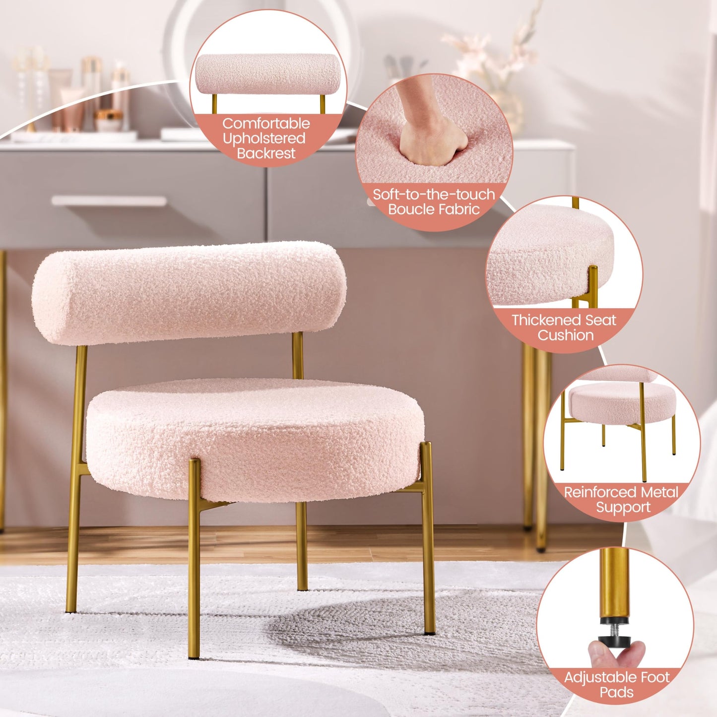 Topeakmart Modern Vanity Chair, Boucle Fabric Accent Chair with Gold Metal Legs for Living Room Makeup Room, Pink