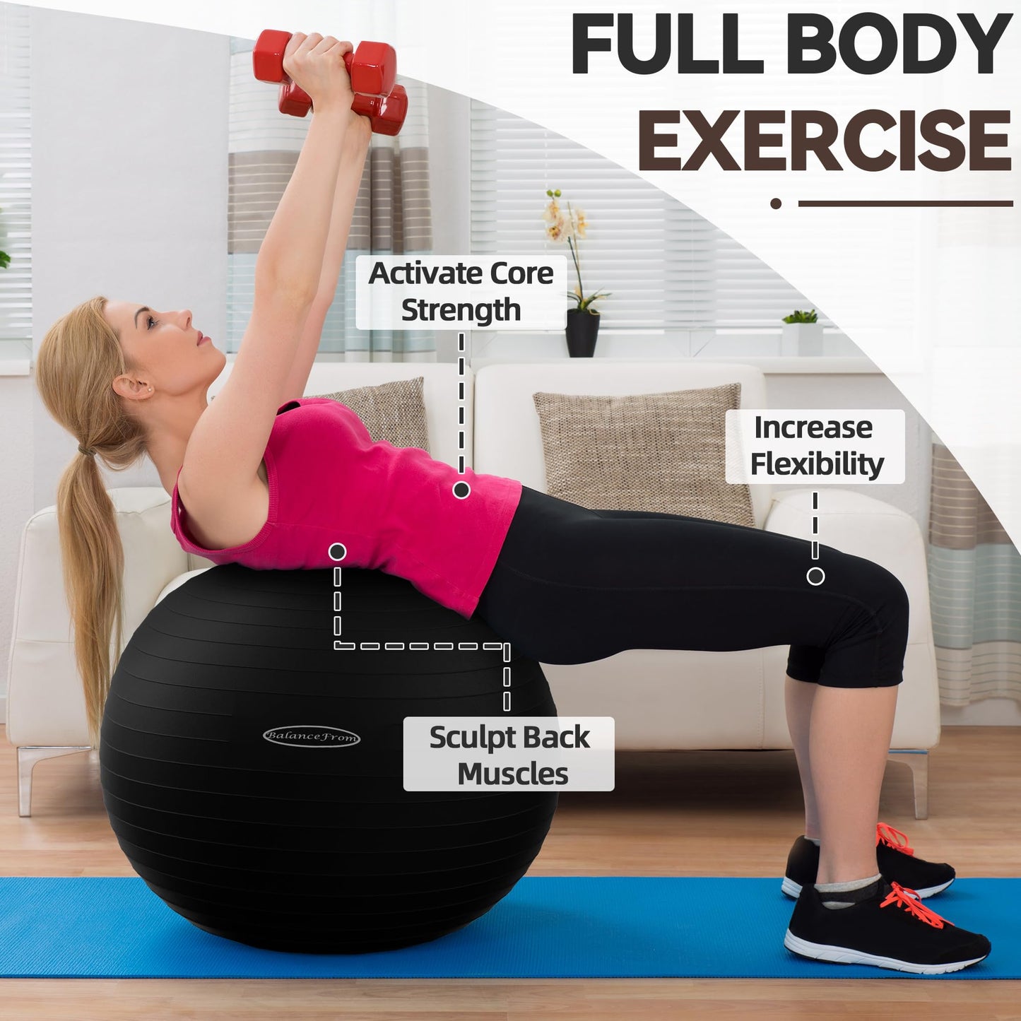Fitvids Anti-Burst and Slip Resistant Exercise Ball Yoga Ball Fitness Ball Birthing Ball with Quick Pump, 2,000-Pound Capacity, Black, 18-inch, S