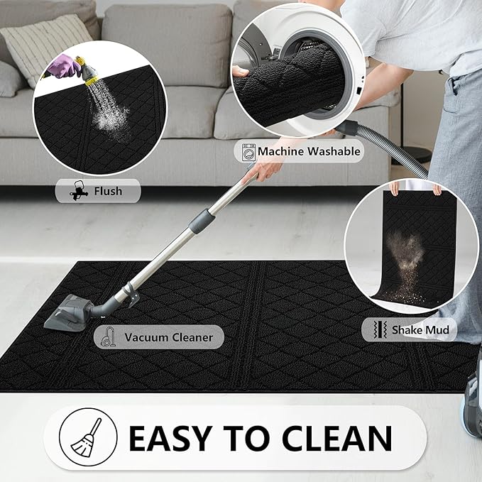 REFETONE Indoor Doormat, Front Back Door Mat 32"x48" Absorbent Rubber Backing Non Slip Door Mats, Low-Profile Resist Dirt Entrance Rugs, Machine Washable Door Rug Inside Floor Mat for Entryway, Black