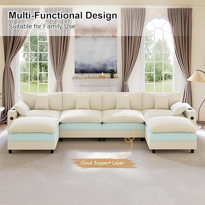 KCGKCG 152" Modular Sectional Sofa, U Shaped Cloud Couch with Movable Ottoman, Chenille Deep Seat Cloud Sofa with Charging Station, Cup Holder, Side Pocket, Sectional Couches for Living Room, Beige