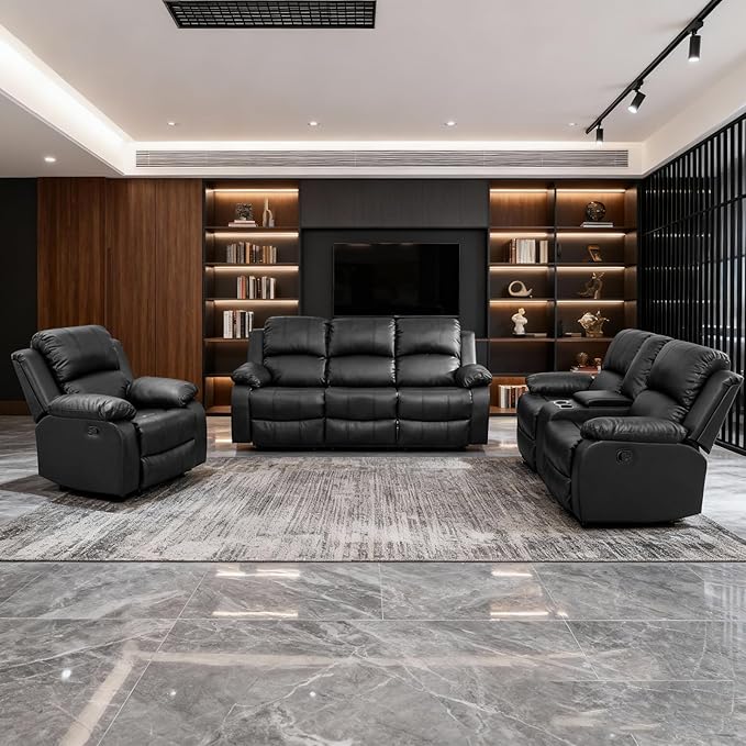 Saxum Tegmen Living Room Furniture Sets, 3 Pieces Sectional Leather Couch Set, Adjustable Recliner Sofa Sets for Living Room/Office (Chair, Loveseat & Sofa, Black)