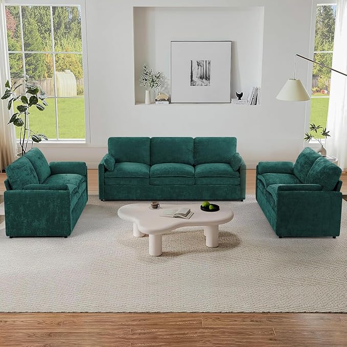 ACMEASE 3 Pieces Chenille Sofa Set w/Arm Pillows, Upholstered 2 Pieces Loveseat & 3 Seater Sofa w/Comfortable Back Cushions, Modern 2-Seat & 3-Seat w/High-Density Foam for Living Room, Teal