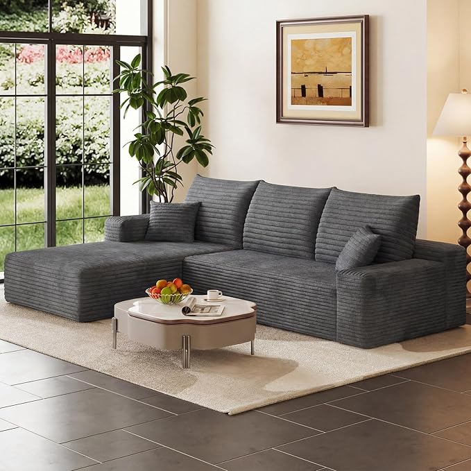 95" Cloud Sectional Couch with L-Shape Chaise, Modern Corduroy Boneless Couch for Living Room,Memory Foam Sofa with Deep Seat,No Assembly Required (Dark Gray,Left-Facing Chaise)