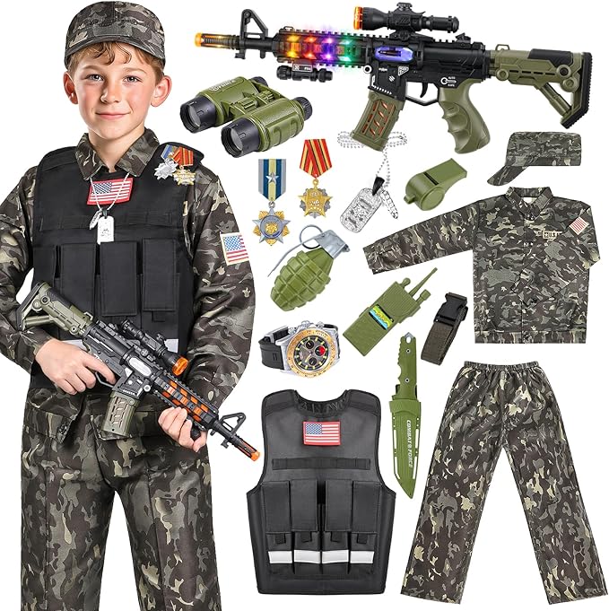 Metemot Kids Army Costume for Boys, Military Soldier Costume with Army Toys, Boys Halloween Costumes with Army Vest, Soldi...