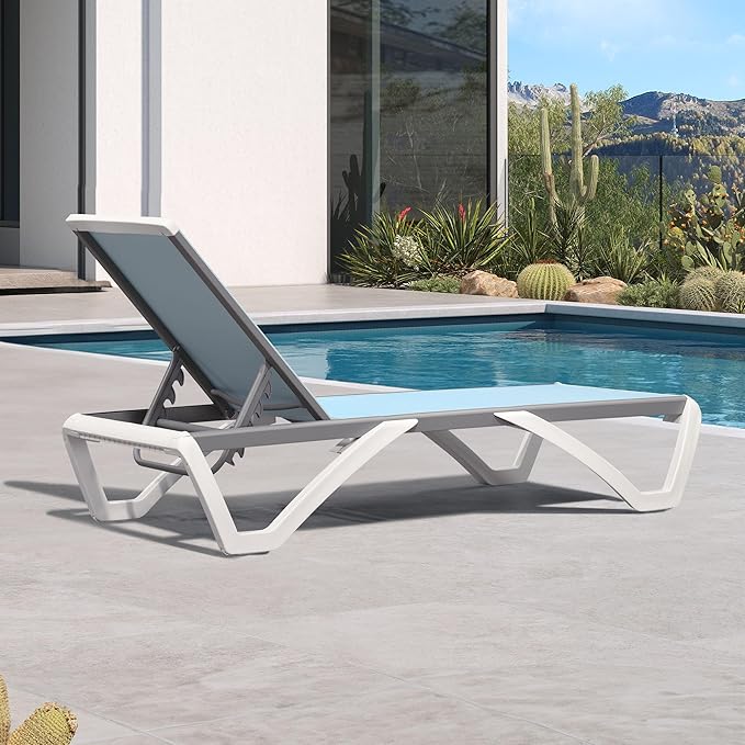 PURPLE LEAF Patio Chaise Lounge Chair Outside Aluminum Plastic Stackable Tanning Chairs for Pool Sunbathing Beach Deck Outdoor Lounger, Light Blue
