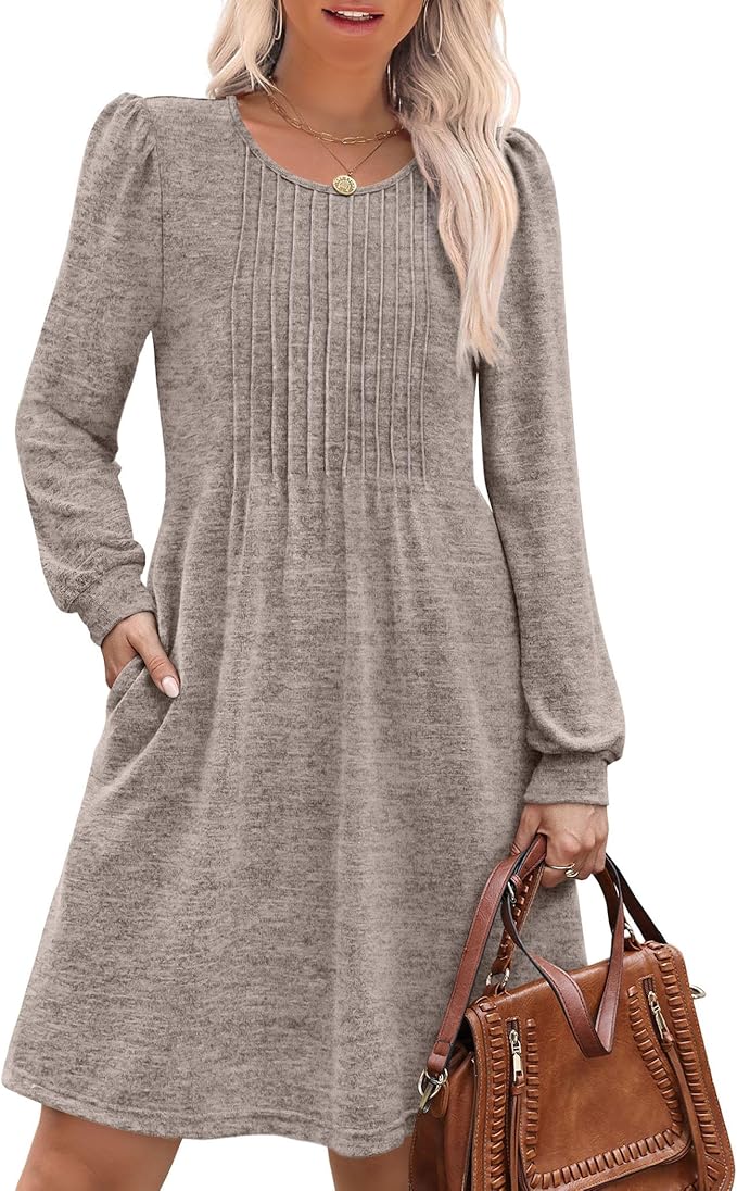 OFEEFAN Long Sleeve Dress for Women Pleated Crew Neck Casual Babydoll Sweater Dress with Pockets Fall Outfits Fashion