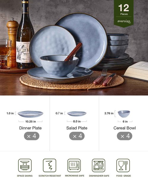 Famiware Dinnerware Sets for 4, Ocean Round 12-Piece Kitchen Plates and Bowls Sets, Reactive Glaze, Microwave and Dishwasher Safe, Scratch Resistant, Blue