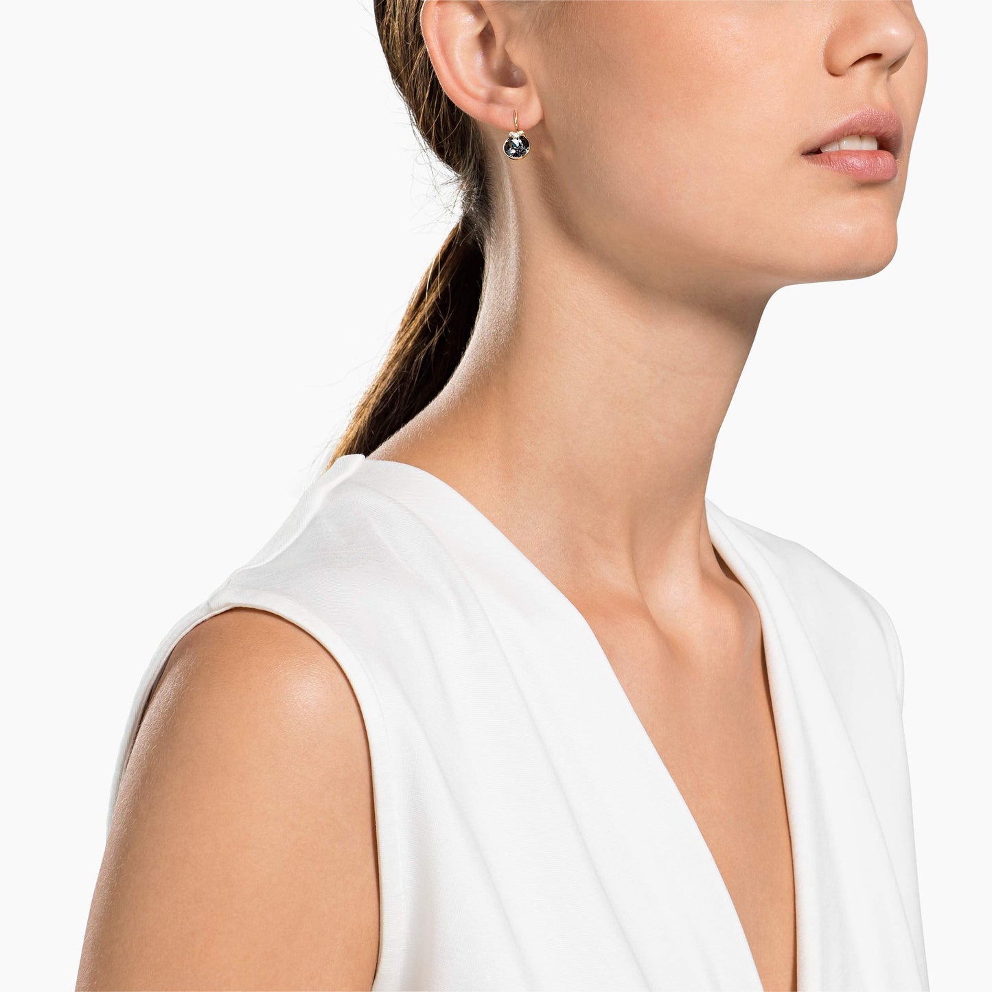 SWAROVSKI Pierced Earrings, Gray with V-Shaped Crystal Pav   Accent on Rose-Gold Tone Finish Setting, Part of the Bella Collecti