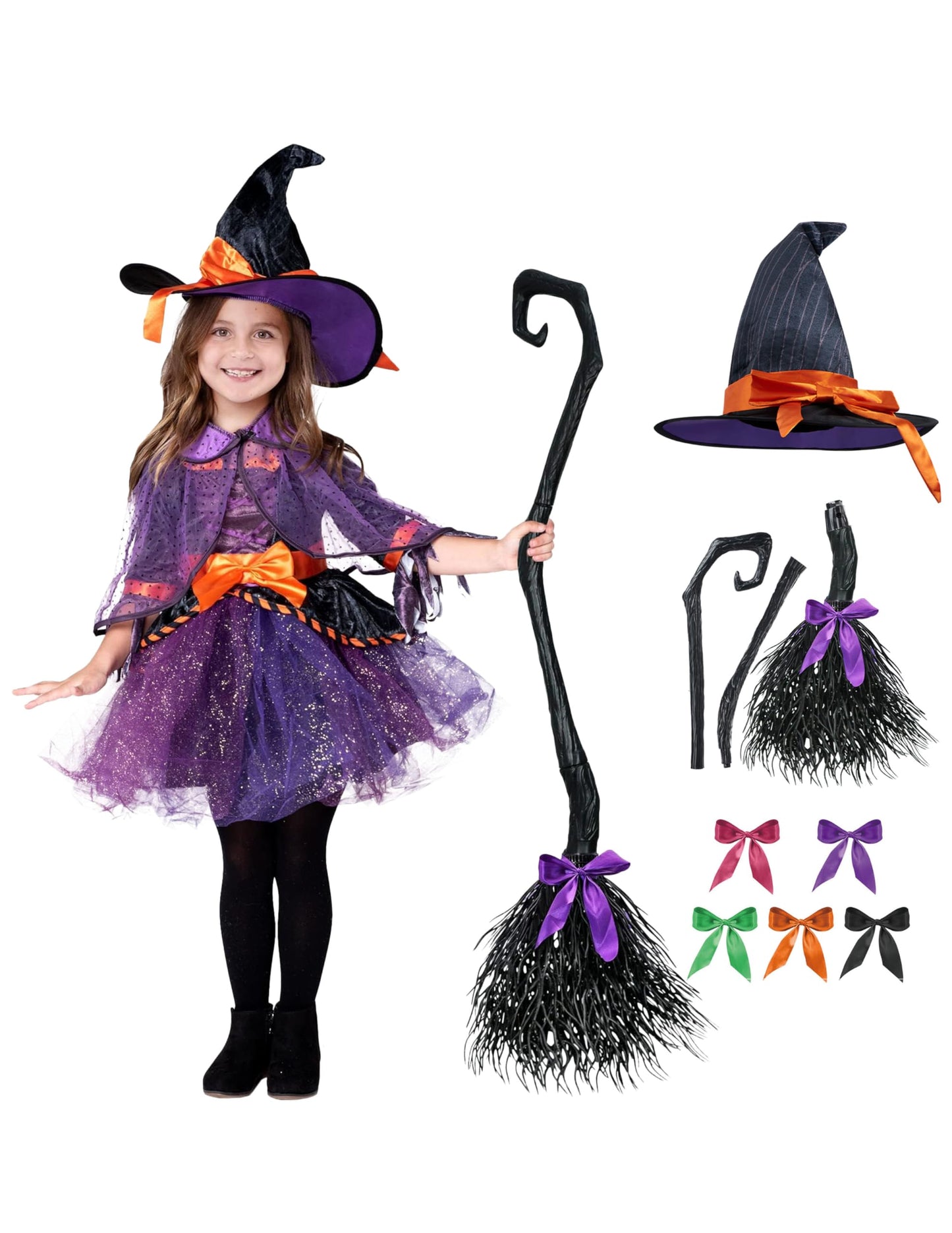 Spooktacular Creations Child Girl Orange Purple Witch Costume, Toddler Witch Outfit Set with Broom for Kids Halloween Dress Up Parties (Toddler (3-4yr))