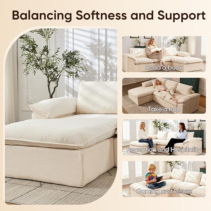 YAAREE 105.6”L Shape Modular Sectional Couch for Living Room, Modern Cloud Sectional 3 Seat Sofa with Oversized Chaise, Woven Texture Upholstery Boneless Couch (Beige, Left Facing Chaise)