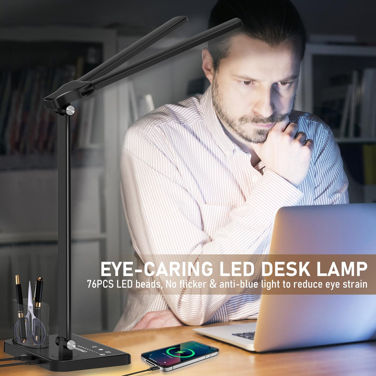CHARYJOD Dimmable LED Desk Lamp with USB Charging Port, 50 Lighting Modes Dual Swing Arm Architect Table Lamp Light Desk Lamp for Home Office Dorm Piano Nail