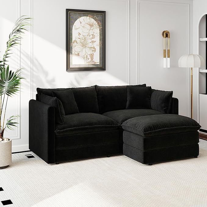 Aoowow Modular Sectional Sofa Modern Convertible Loveseat Couch,77.16 Inch Deep 2-Seater Sofas Comfy Chenille Cloud Sofas and Couches Set with Movable Ottoman for Living Room Apartment（Black）